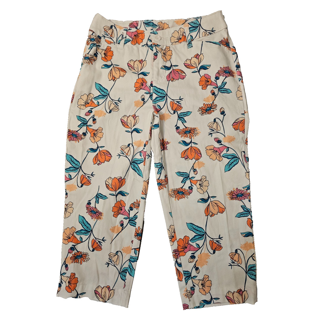 St Johns Bay Womens Size 4 Cropped Pant Capris White Floral Size 4 Pockets